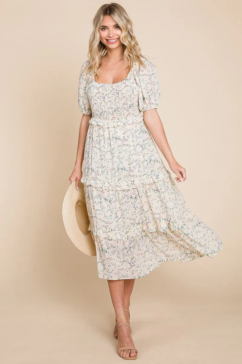 Floral Smocked Tiered Babydoll Midi Dress