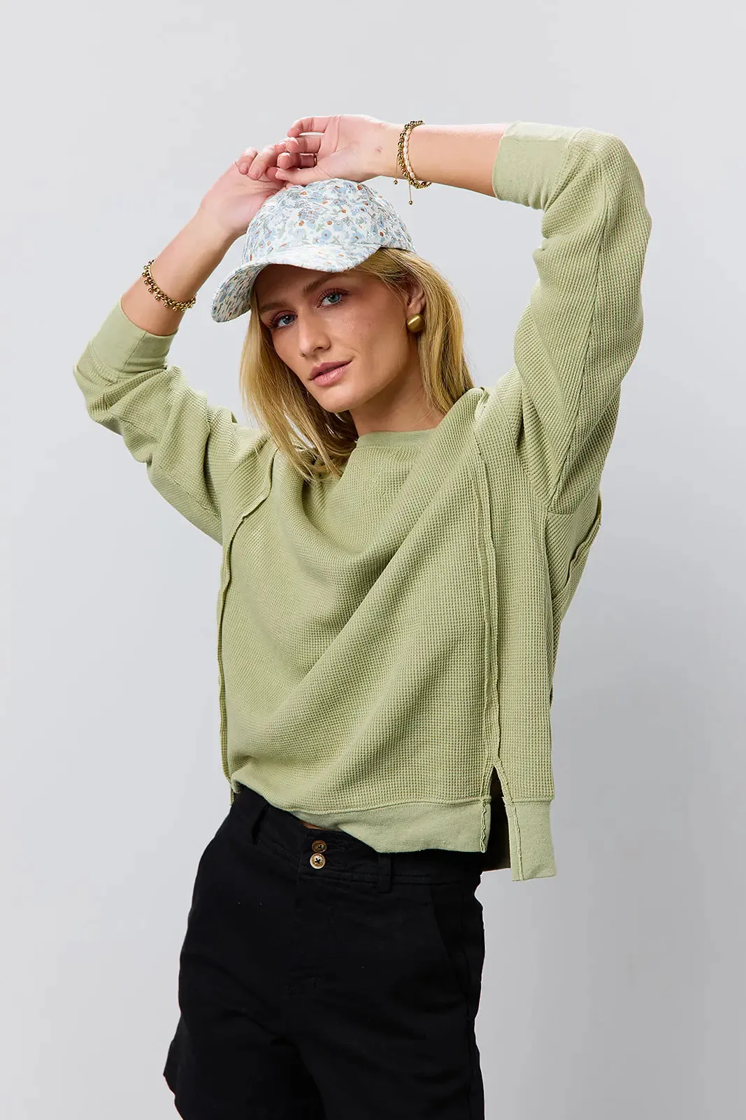 Georgia Waffle Knit Top in Olive - FINAL SALE