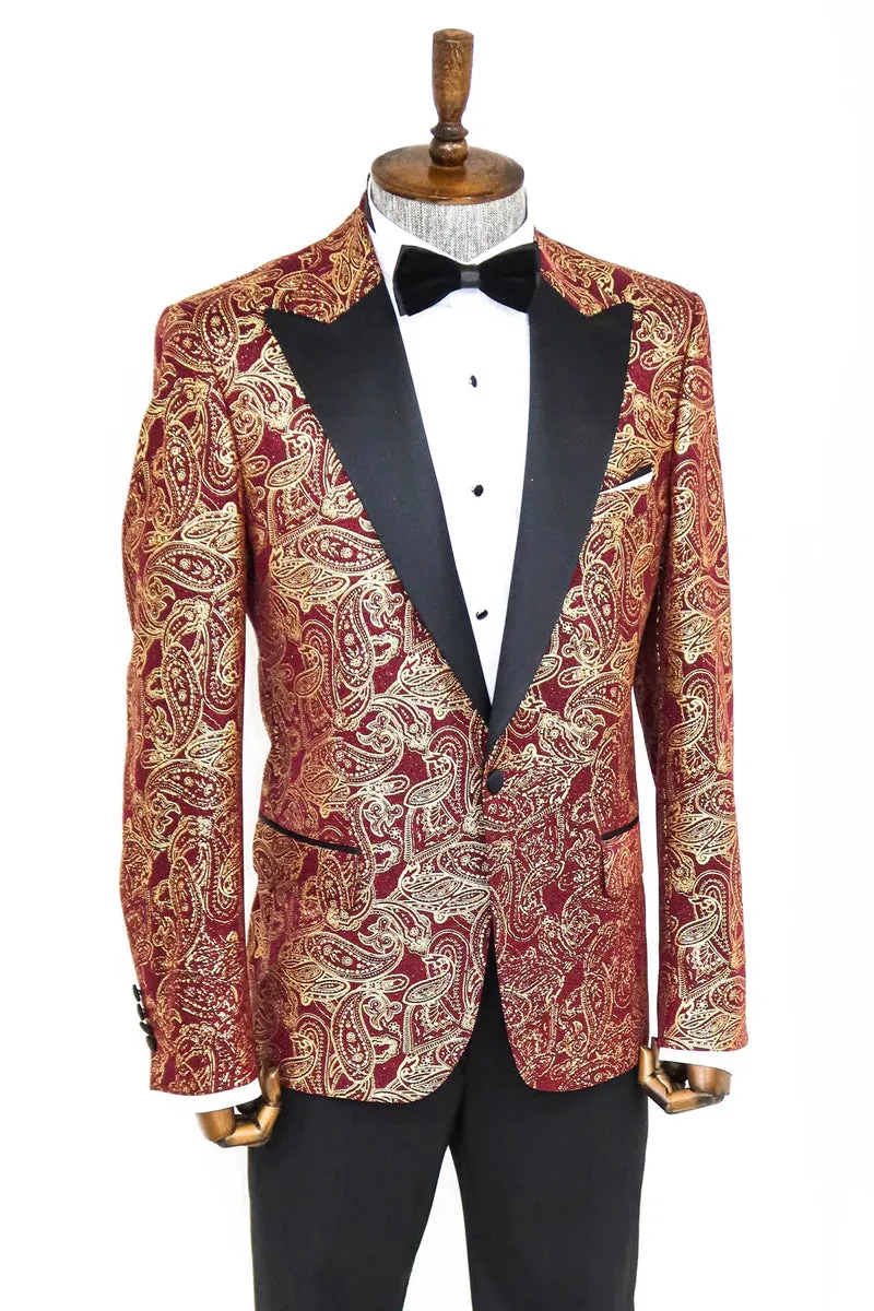 Golden Paisley Burgundy Prom Blazer with Peak Lapel