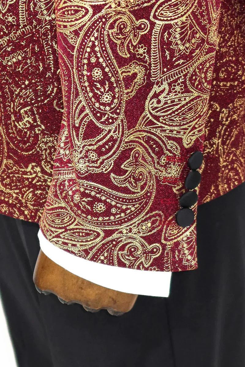 Golden Paisley Burgundy Prom Blazer with Peak Lapel