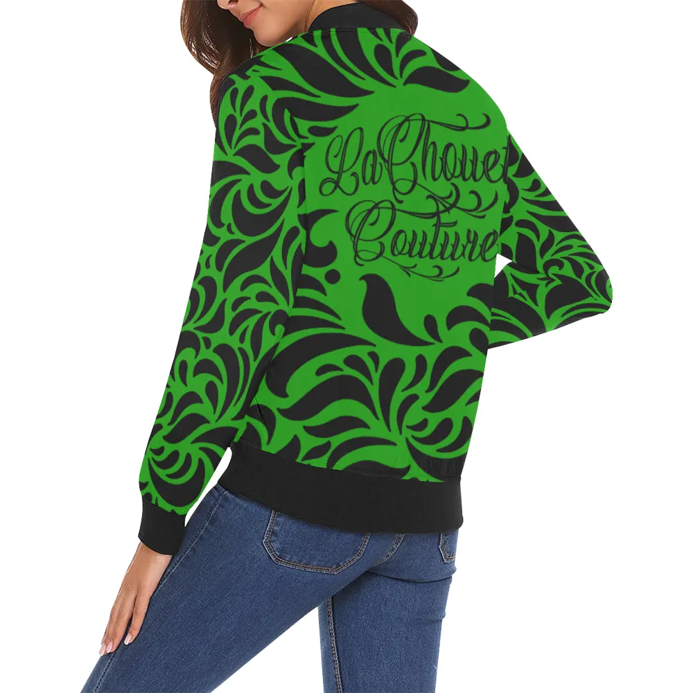 GORGIOUS LEAF GREEN All Over Print Bomber Jacket for Women