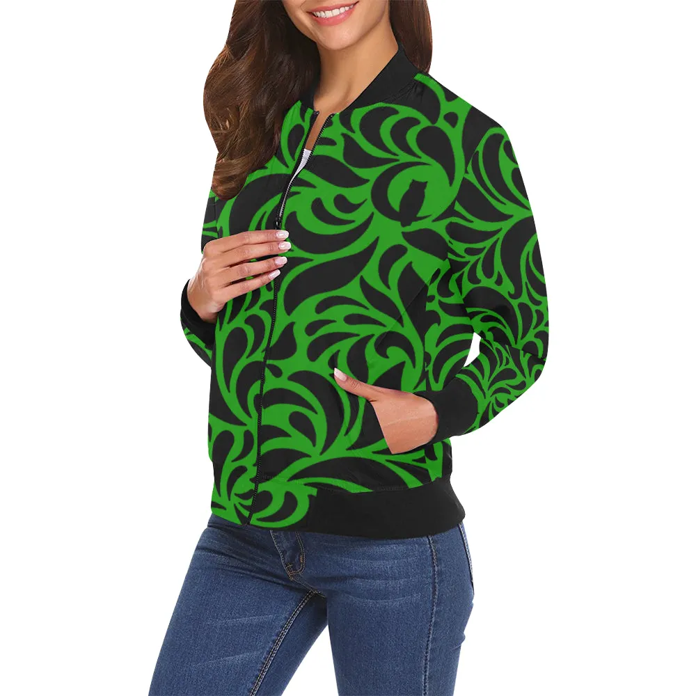 GORGIOUS LEAF GREEN All Over Print Bomber Jacket for Women