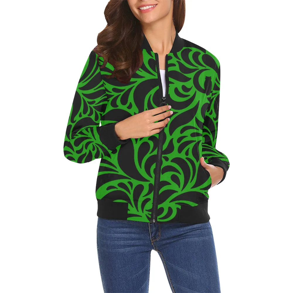 GORGIOUS LEAF GREEN All Over Print Bomber Jacket for Women