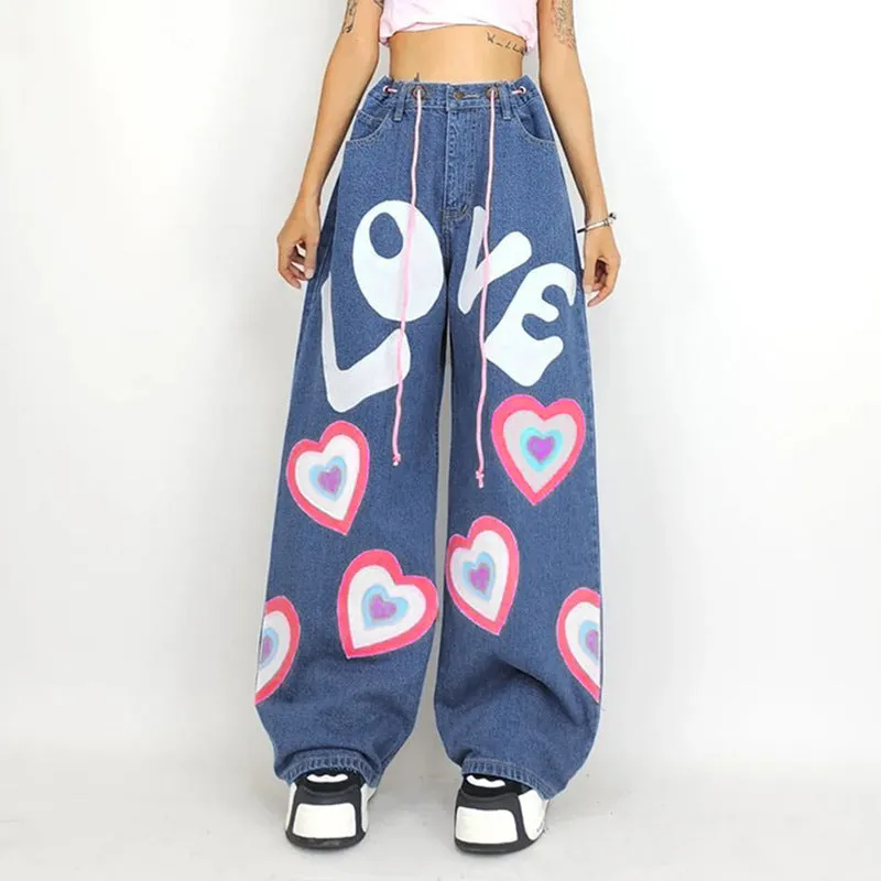 Graffiti printed floor-length wide-leg jeans