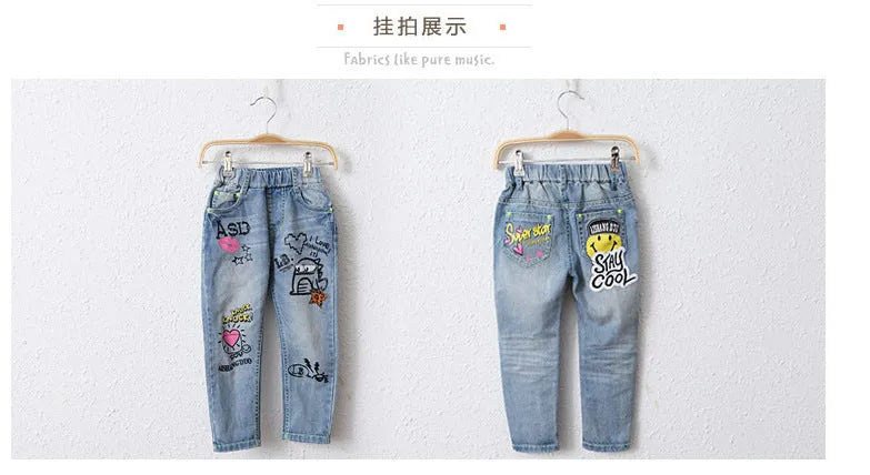 Graffiti Washed Trousers And Denim Pants For Kids Girl