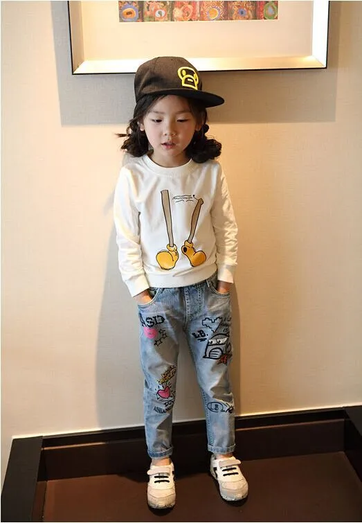 Graffiti Washed Trousers And Denim Pants For Kids Girl