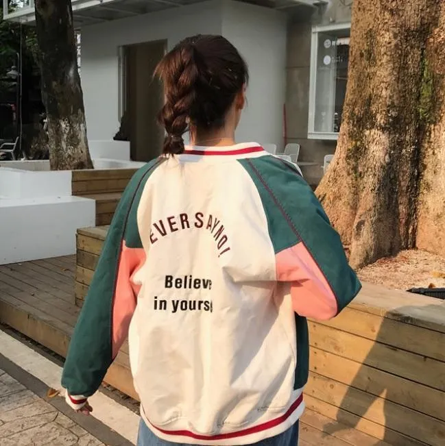 Green Gray Lines Retro Embroidery Letters Bomber Jacket