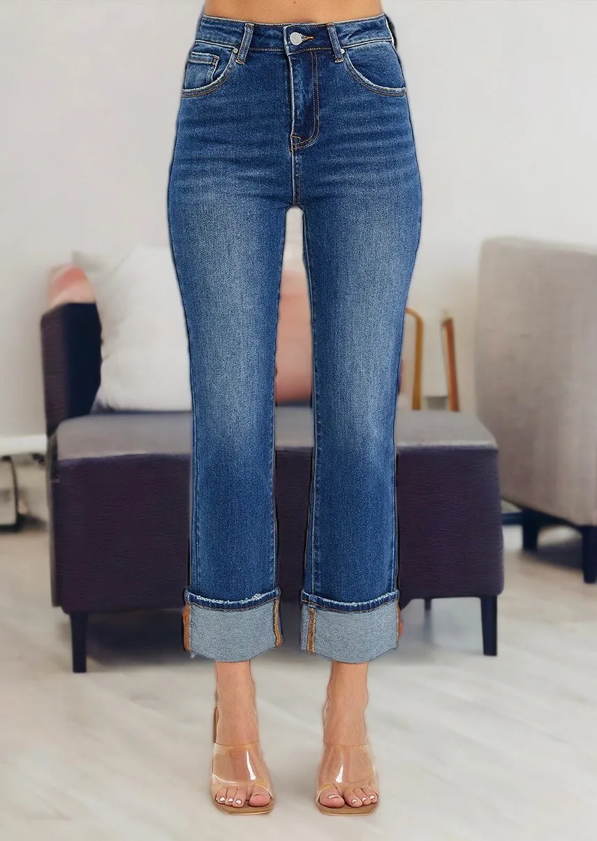 High Rise Cuffed Straight Jeans