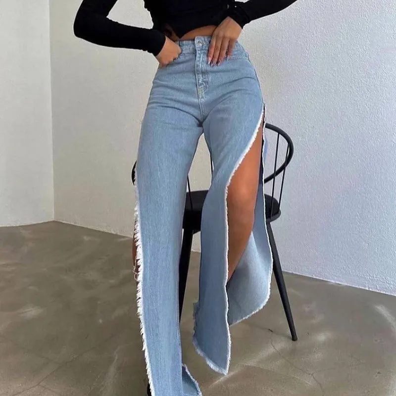 High waist double side slit jeans