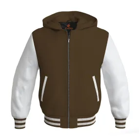 Hooded Bomber Women Brown Body and White Leather Sleeves Custom Hoodies