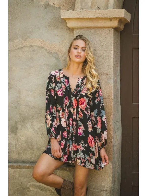 JAASE Winter Rose Black Print Isabella Tunic Mini Dress