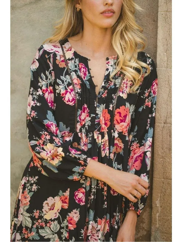 JAASE Winter Rose Black Print Isabella Tunic Mini Dress