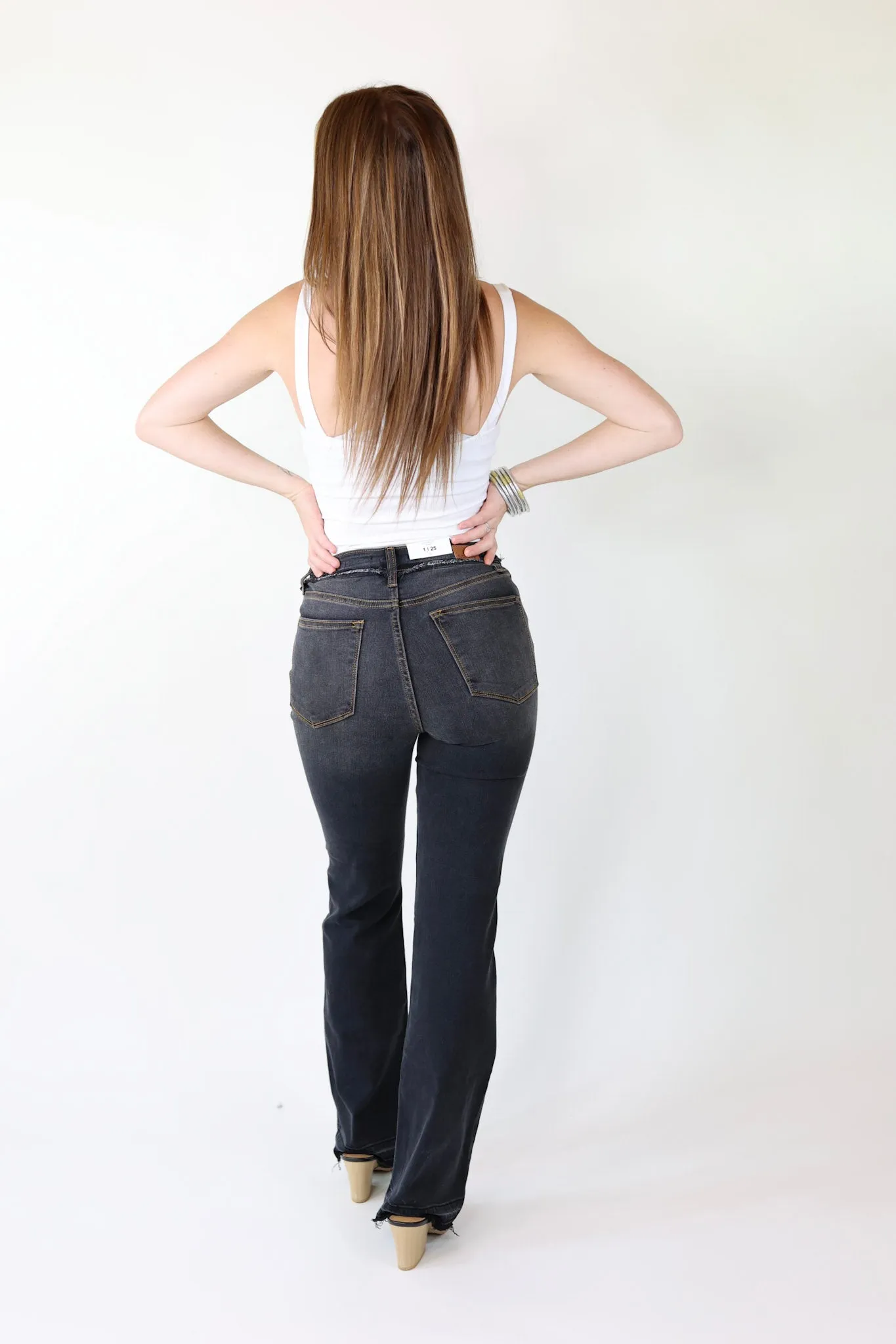 Last Chance Size 0, 1 | Judy Blue | Greatest Opportunity Release Hem Jeans with Frayed Waist in Black Wash