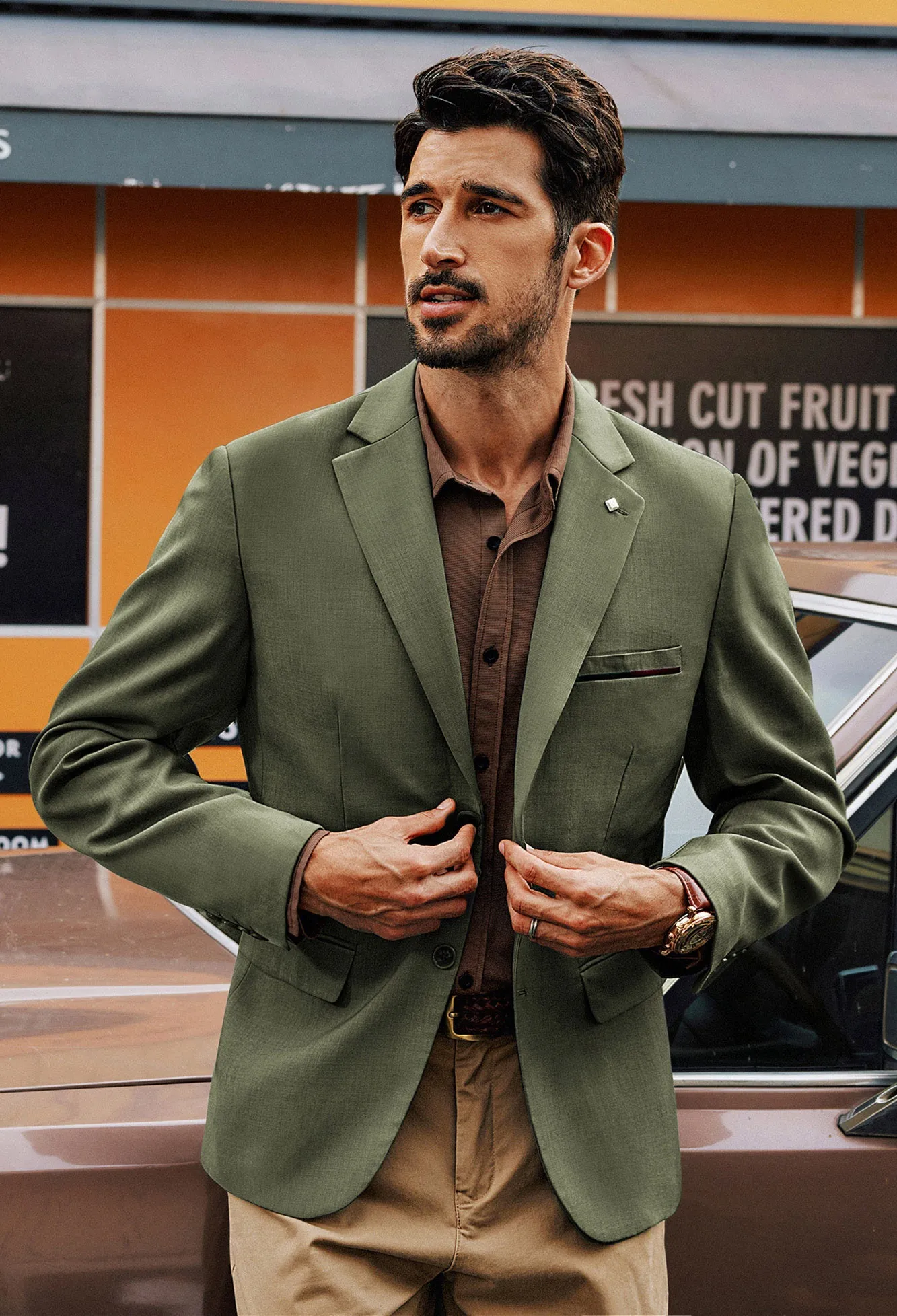 Men Two-Button Blazer Coat Long Sleeve Notch Lapel Back Slit Suit Coat