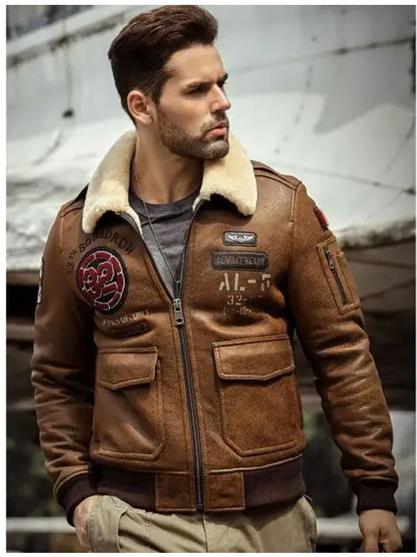 Mens B3 Flying Leather Coat Embroidered Bomber Jacket