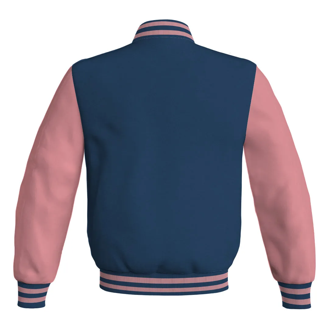 Mens Letterman Jacket Navy Blue Body and Pink Leather Sleeves Bomber Jacket