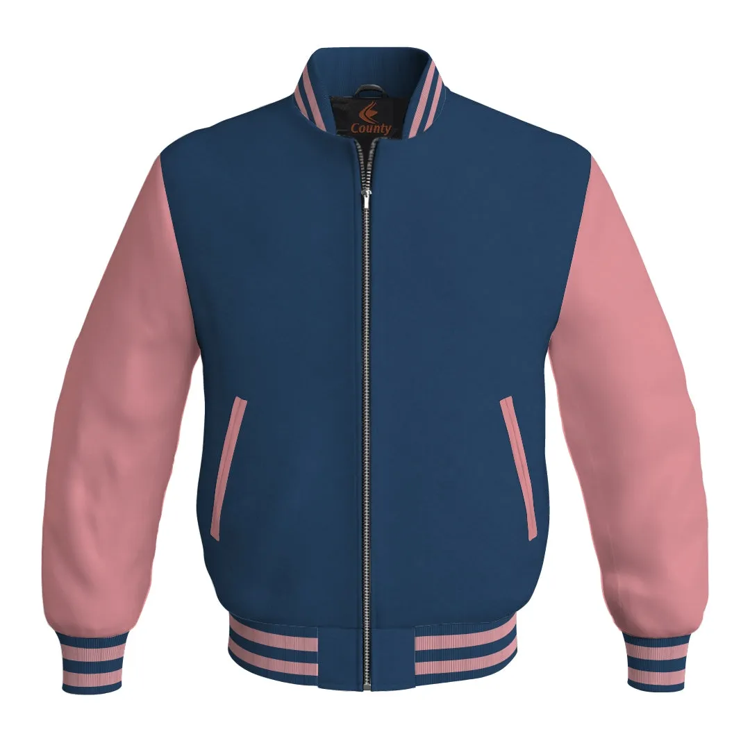 Mens Letterman Jacket Navy Blue Body and Pink Leather Sleeves Bomber Jacket