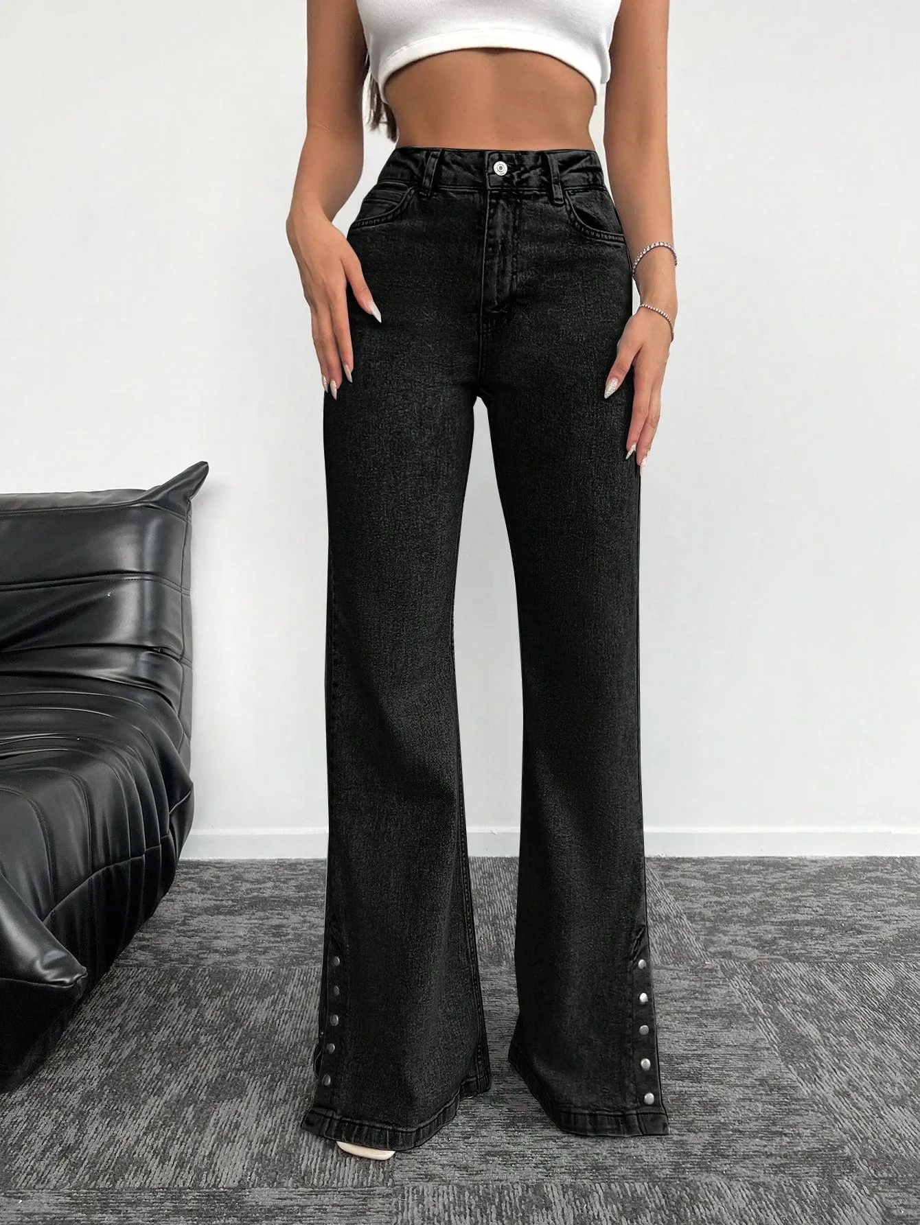 Millennium Button Detail Wide Leg Jeans