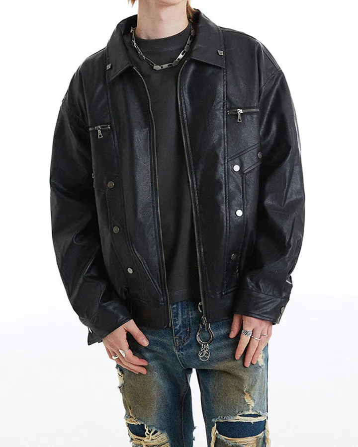 Multi-Pocket Retro Black Leather Jacket