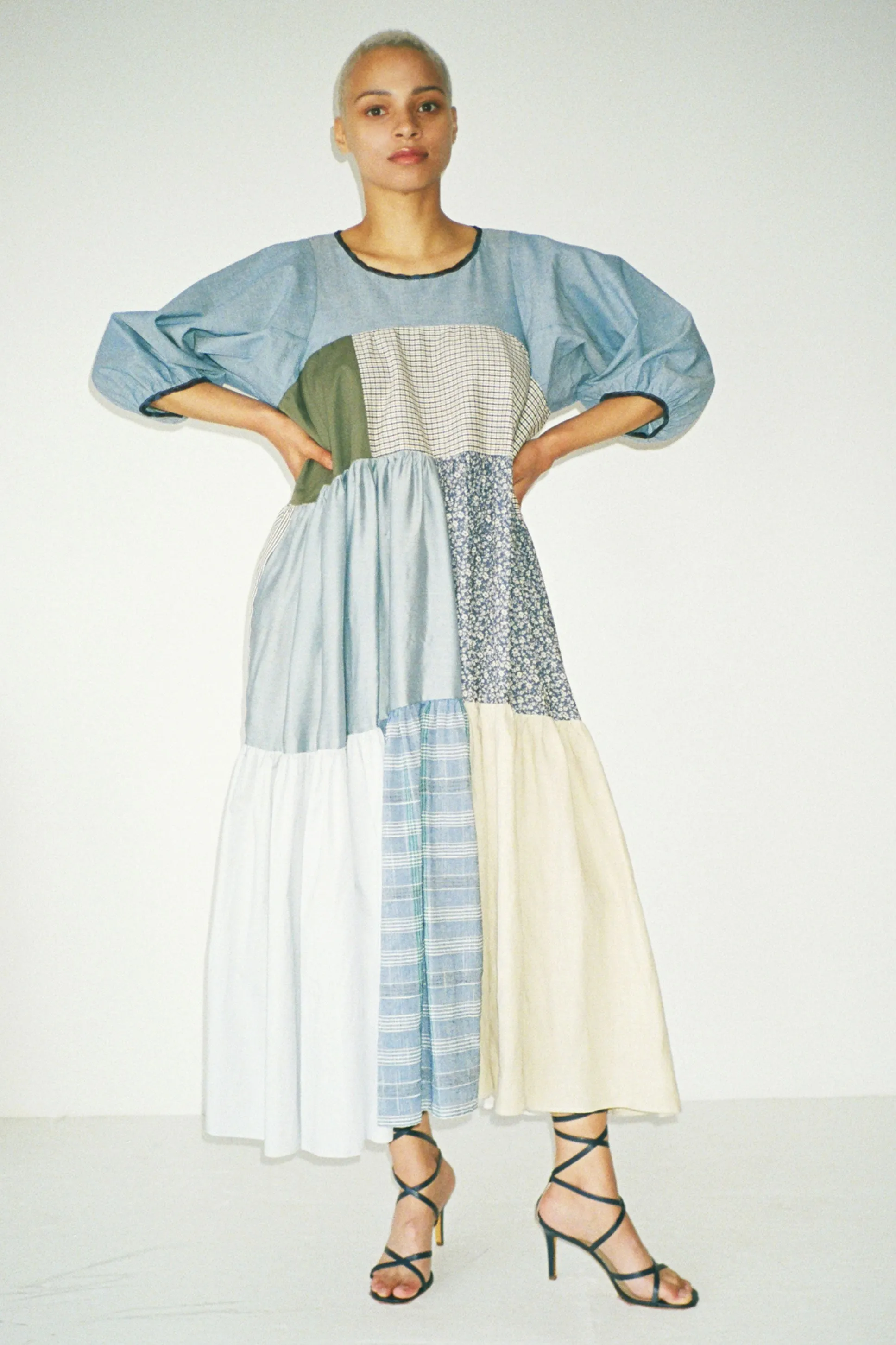 Neutral Puff Sleeve Patchwork Dress