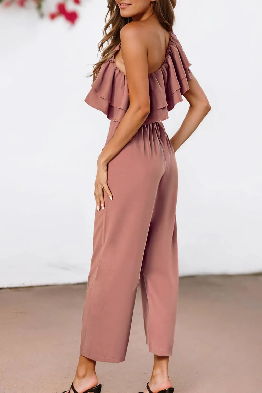 One Shoulder Ruffle Belted Tie Jumpsuit