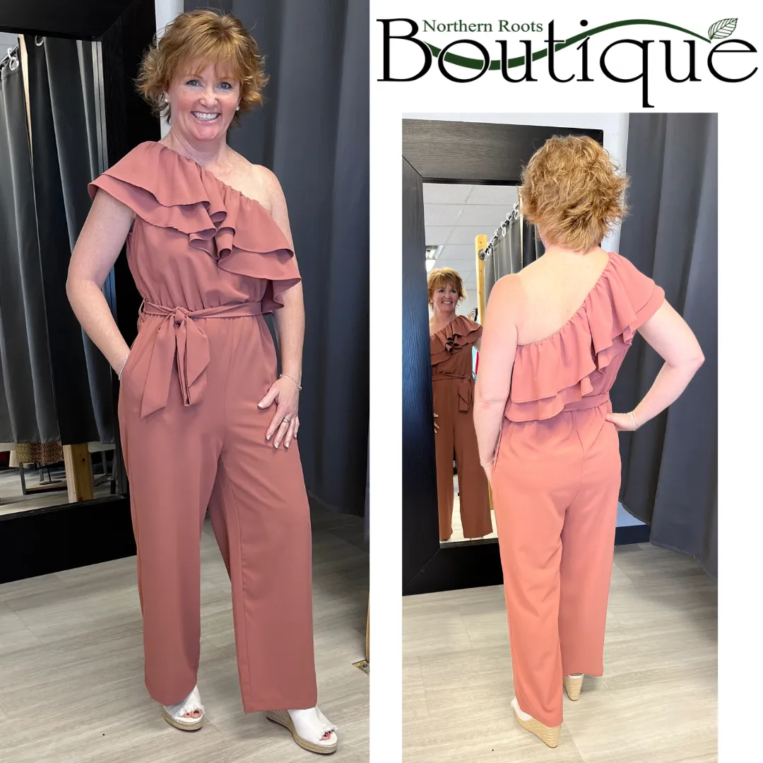 One Shoulder Ruffle Belted Tie Jumpsuit