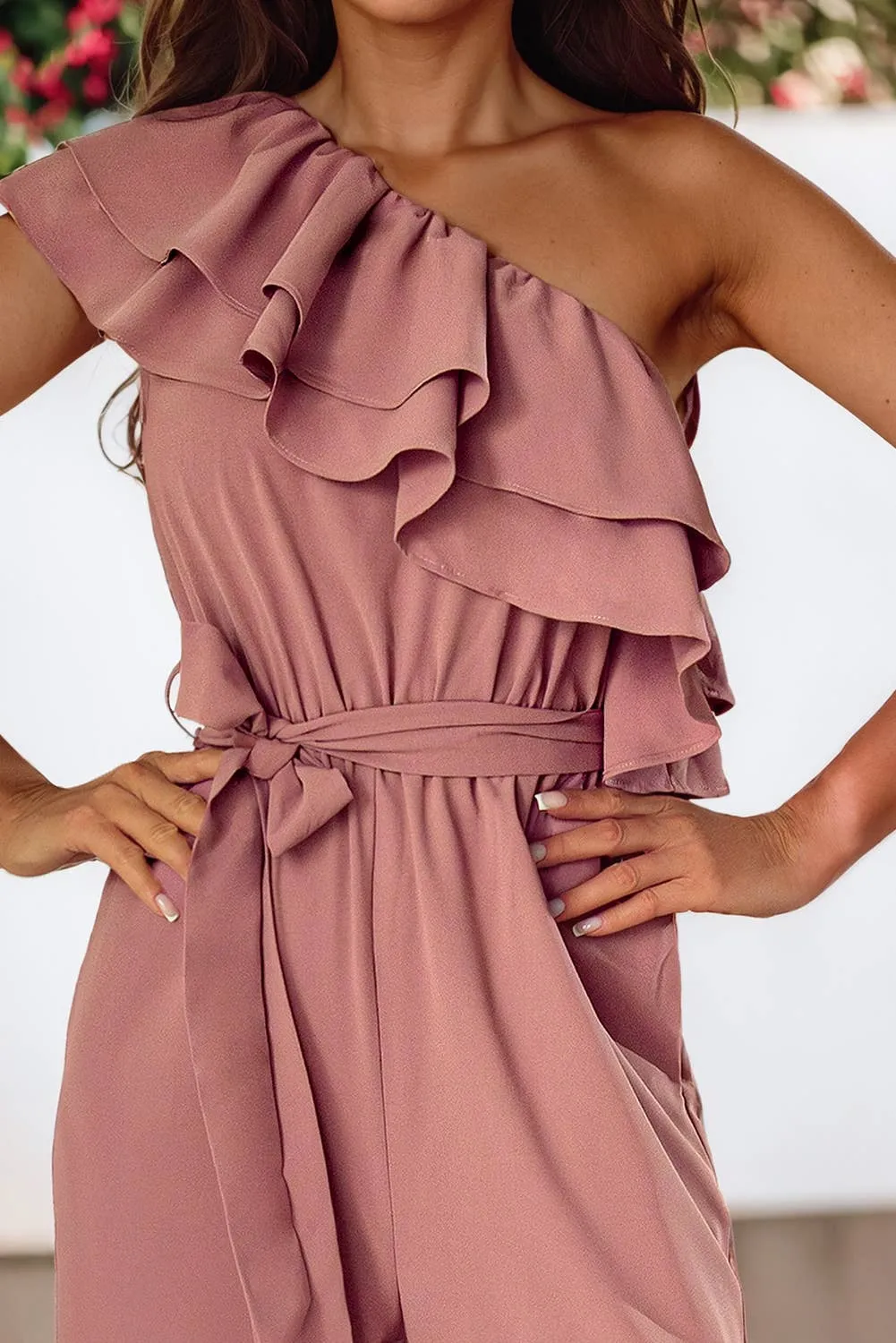 One Shoulder Ruffle Belted Tie Jumpsuit