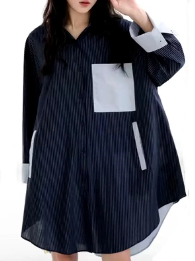 Oversized blue two tones patched pocket long sleeve mini dress