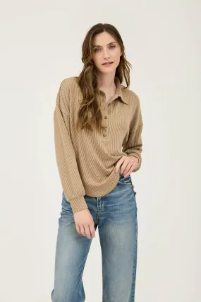 PINSTRIPE COLLARED HALF BUTTON KNIT TOP