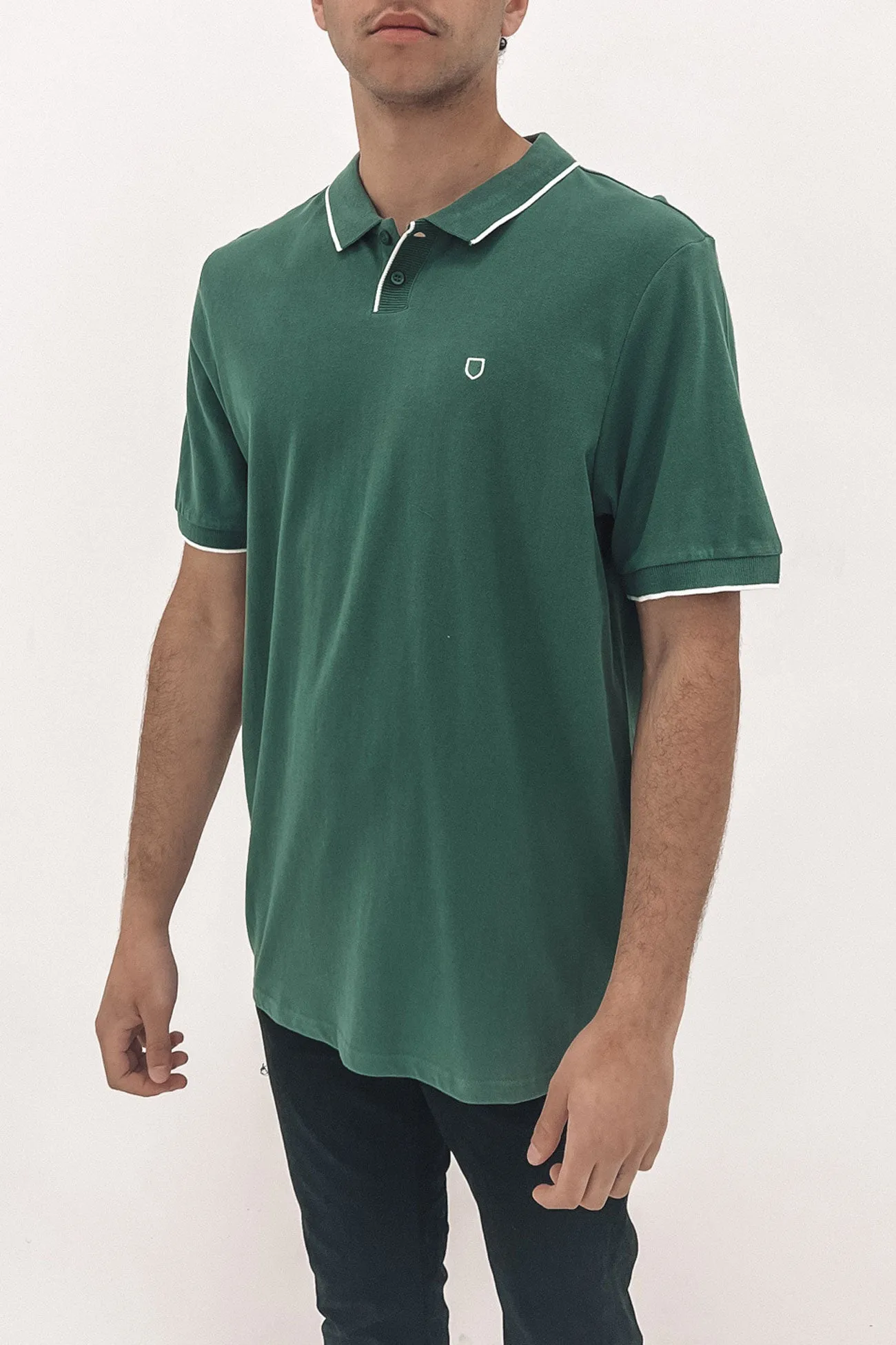 Proper Short Sleeve Polo Knit Dark Forest Off White