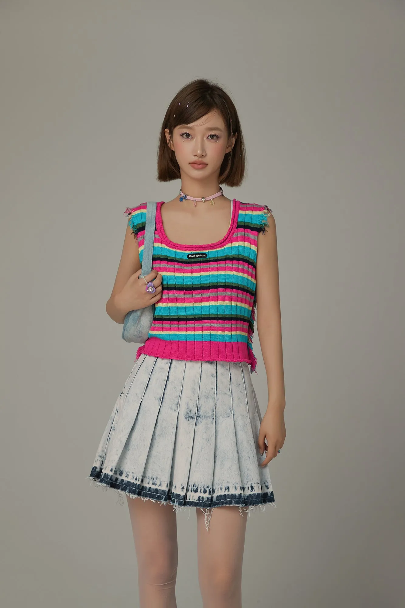 Rainbow Frayed Sleeveless Knit Top