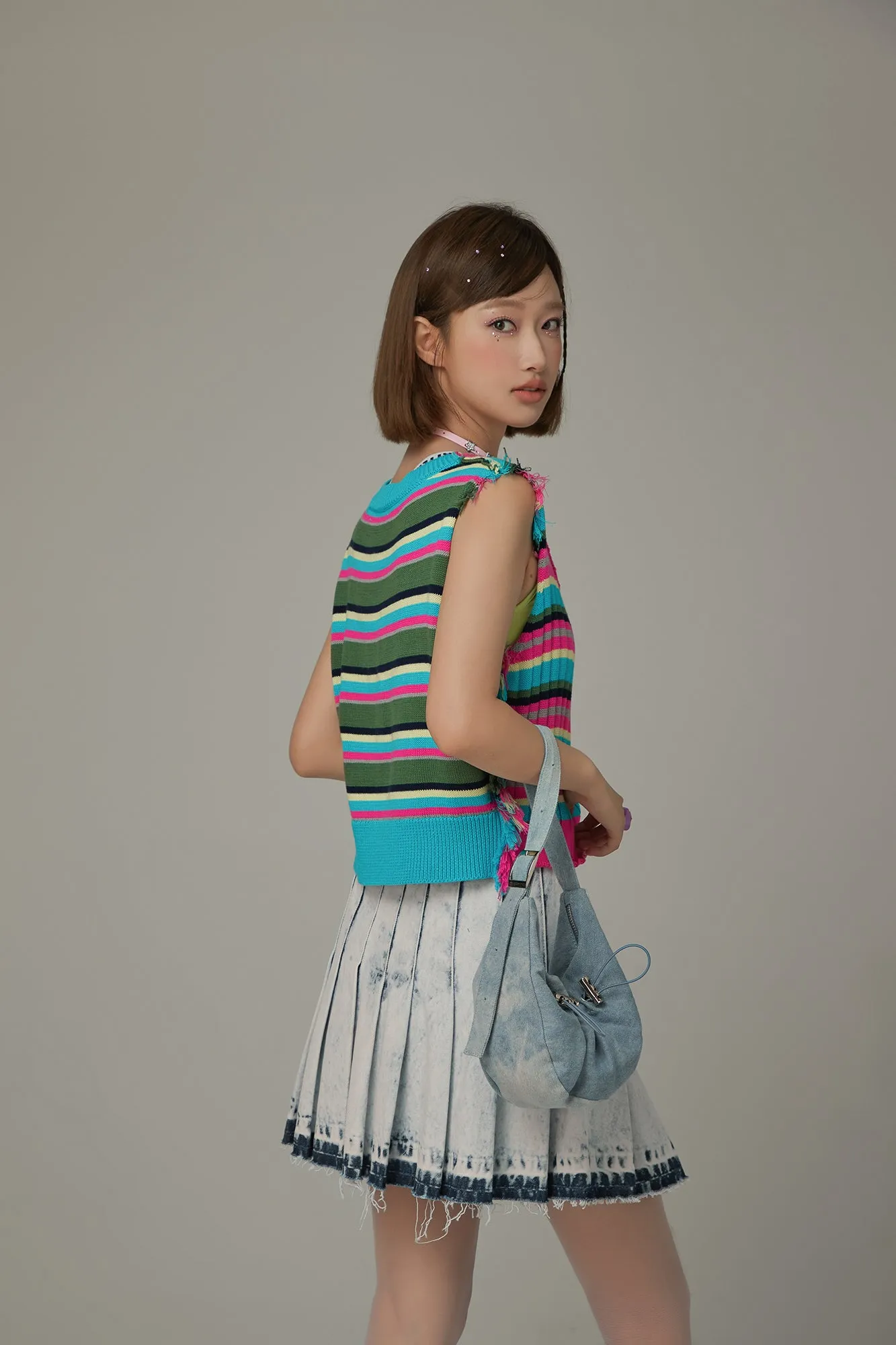 Rainbow Frayed Sleeveless Knit Top