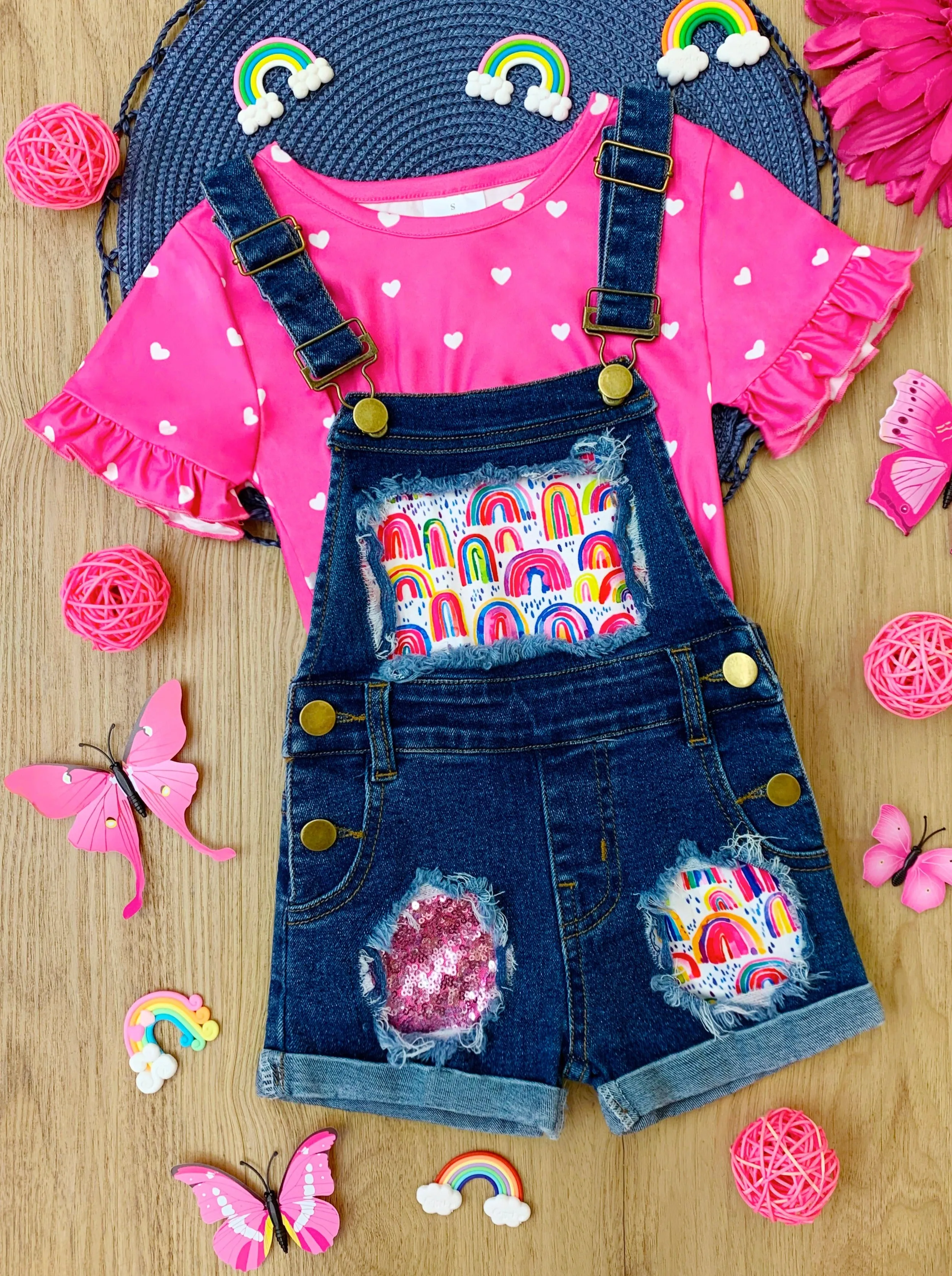 Rainbow Polka Heart Denim Overall Set