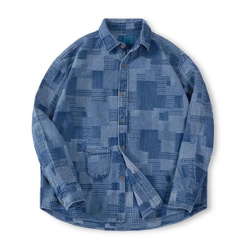 Retro Boro Baijia Cloth Denim Shirt with Jacquard Splicing - Long-sleeved Men's Jacket