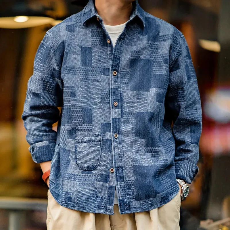 Retro Boro Baijia Cloth Denim Shirt with Jacquard Splicing - Long-sleeved Men's Jacket