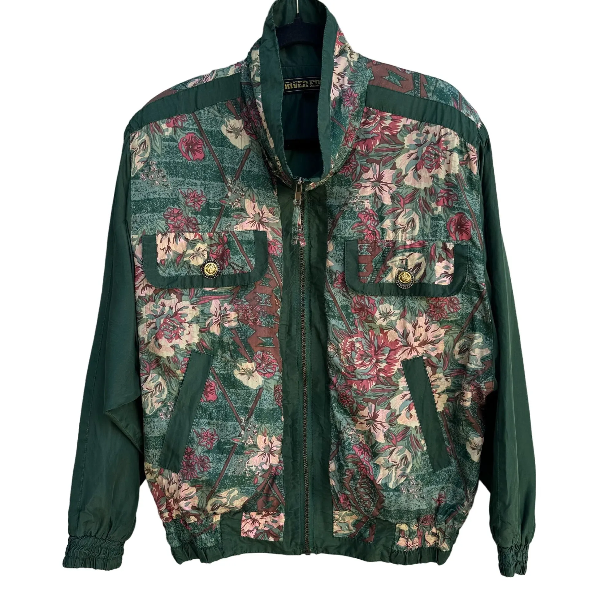 River Edge Vintage Green Silk Floral Zip Up Retro Bomber Shoulder Pads Jacket M