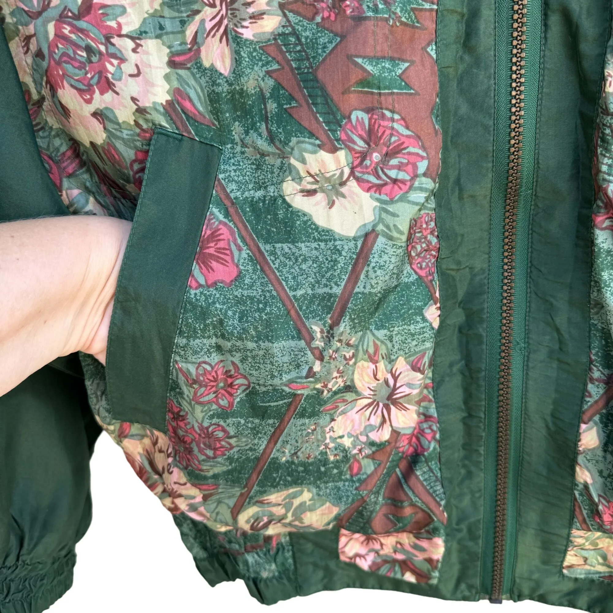 River Edge Vintage Green Silk Floral Zip Up Retro Bomber Shoulder Pads Jacket M