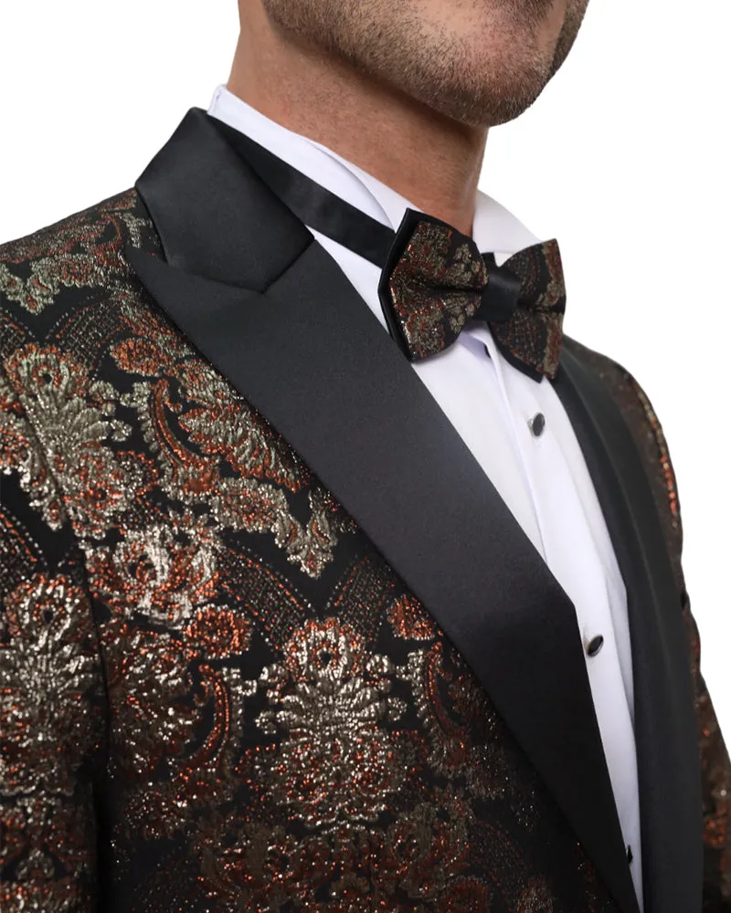 Rustic Gold & Black Paisley Design Blazer with Contrasting Lapel & Matching Bow Tie