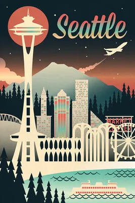 Seattle Retro Skyline Chromatic Series, Lantern Press Magnets