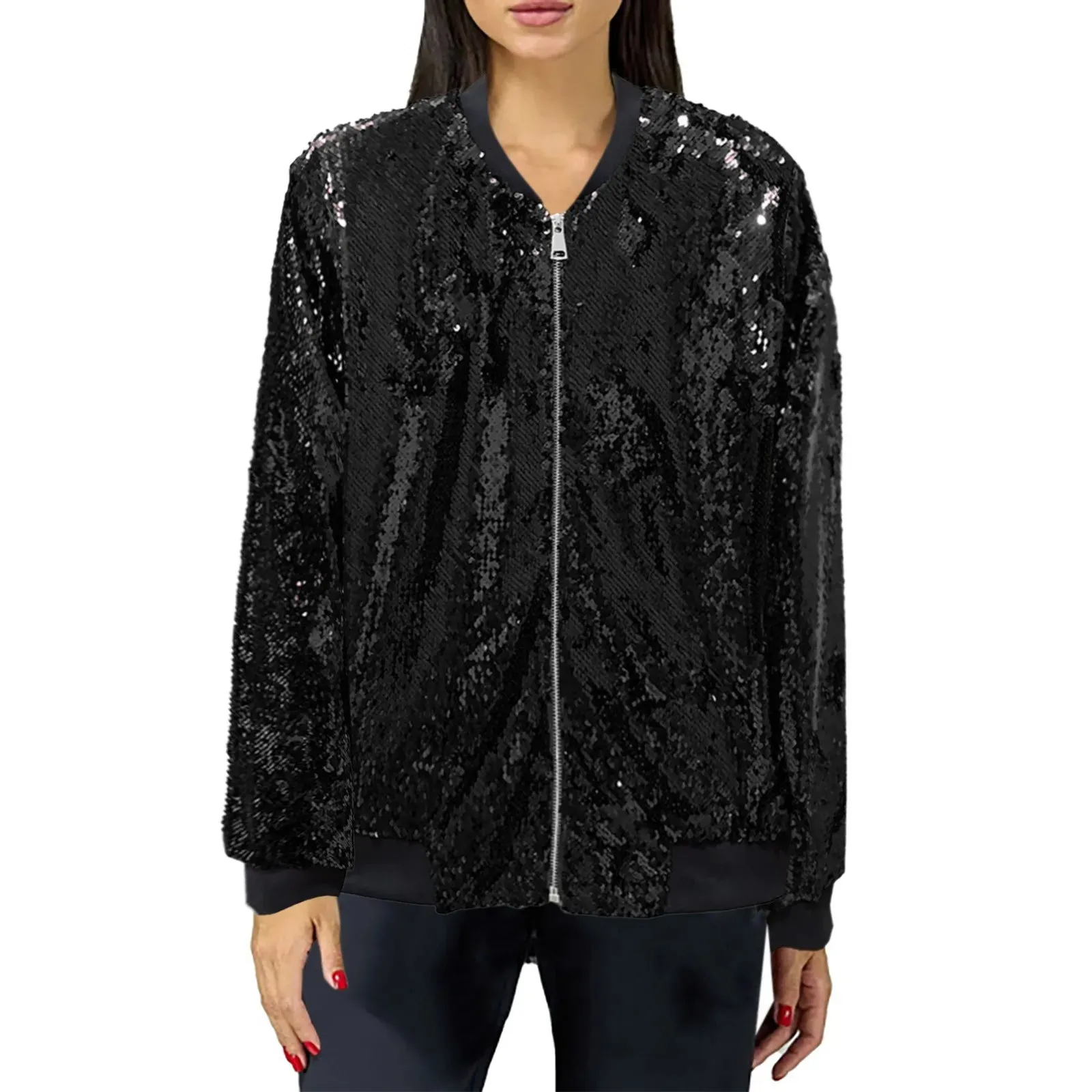 Sequin Bomber Zipper Loose Basic Lady Jacket