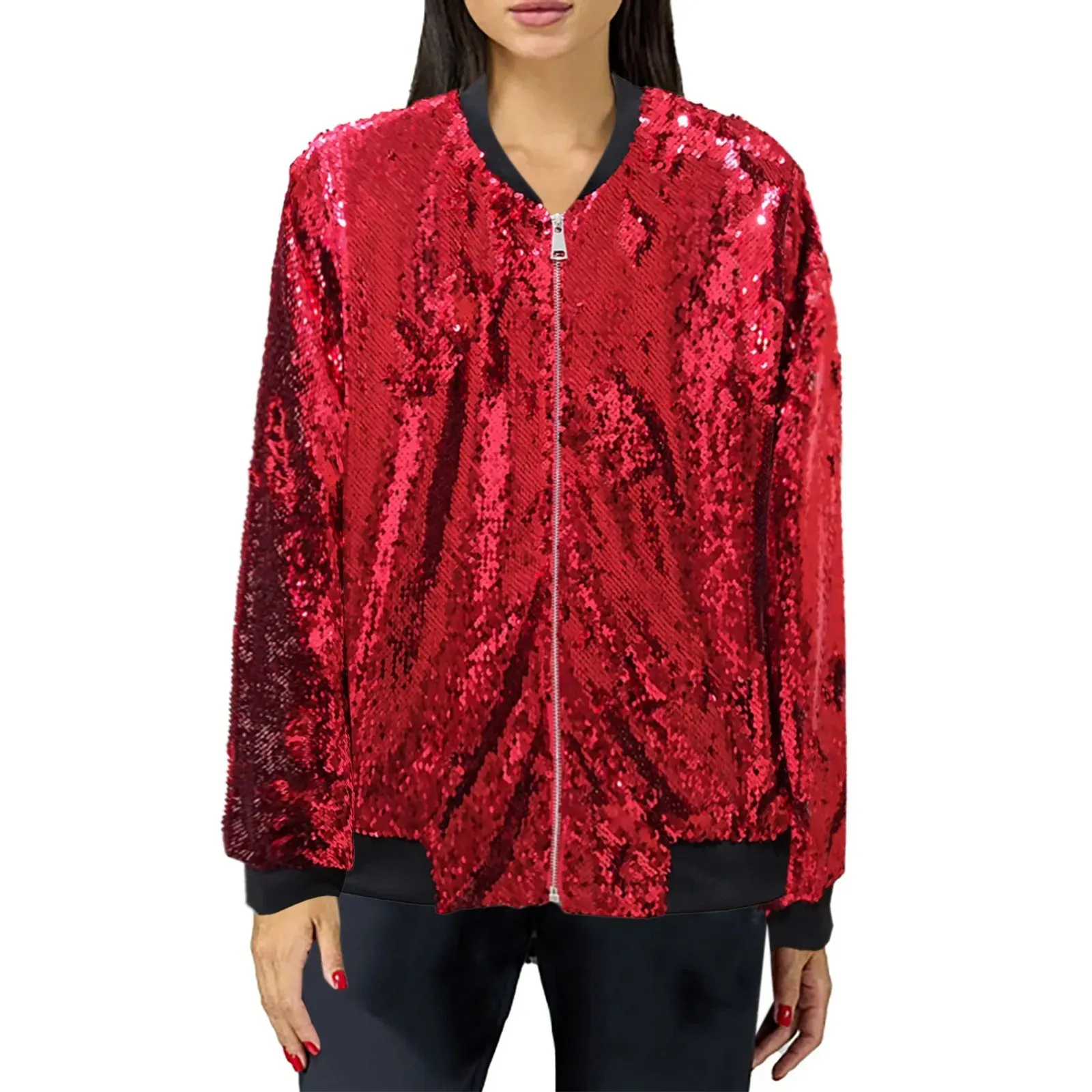 Sequin Bomber Zipper Loose Basic Lady Jacket