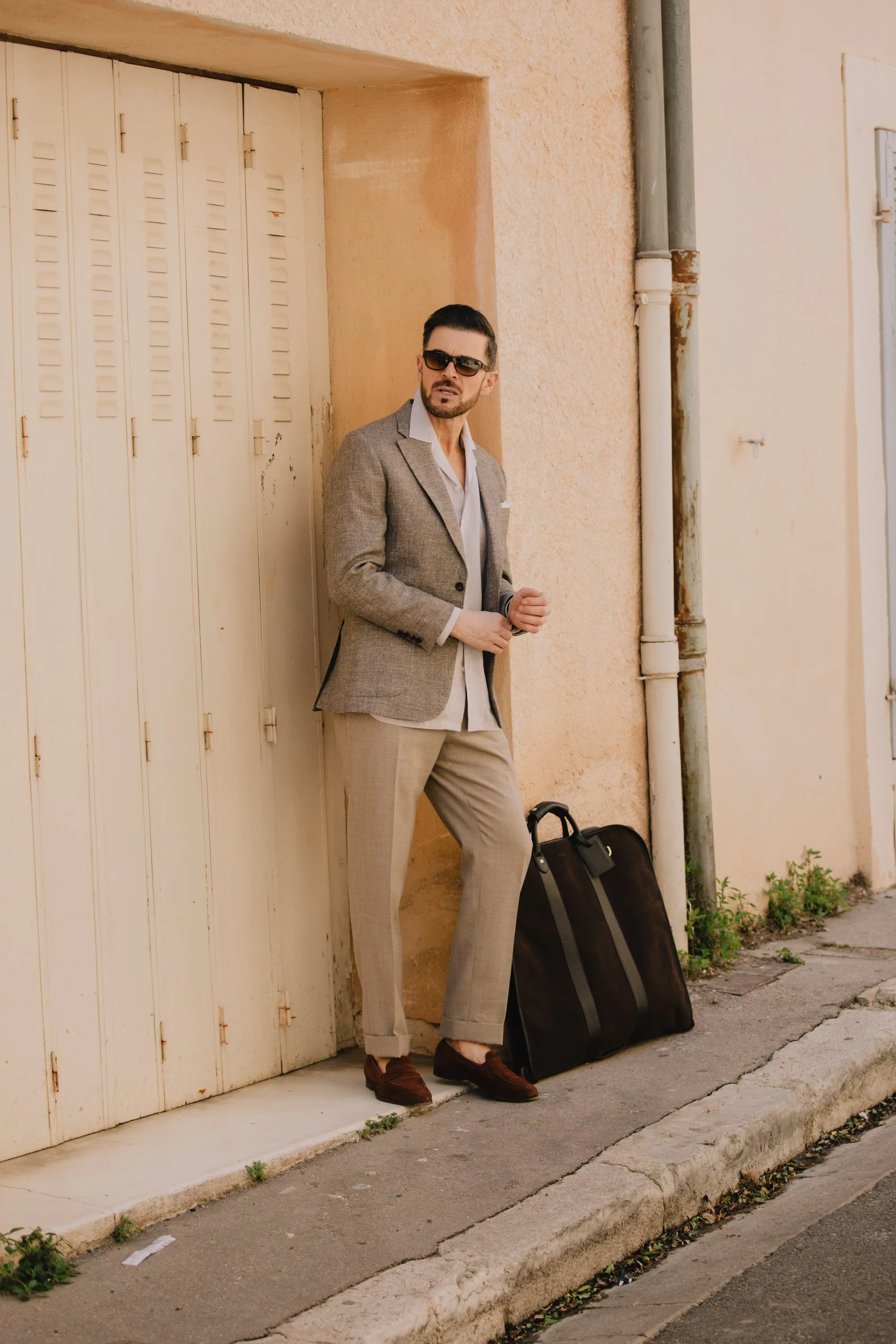 Single Breasted Notch Lapel Jacket in Light Brown Summer Hopsack