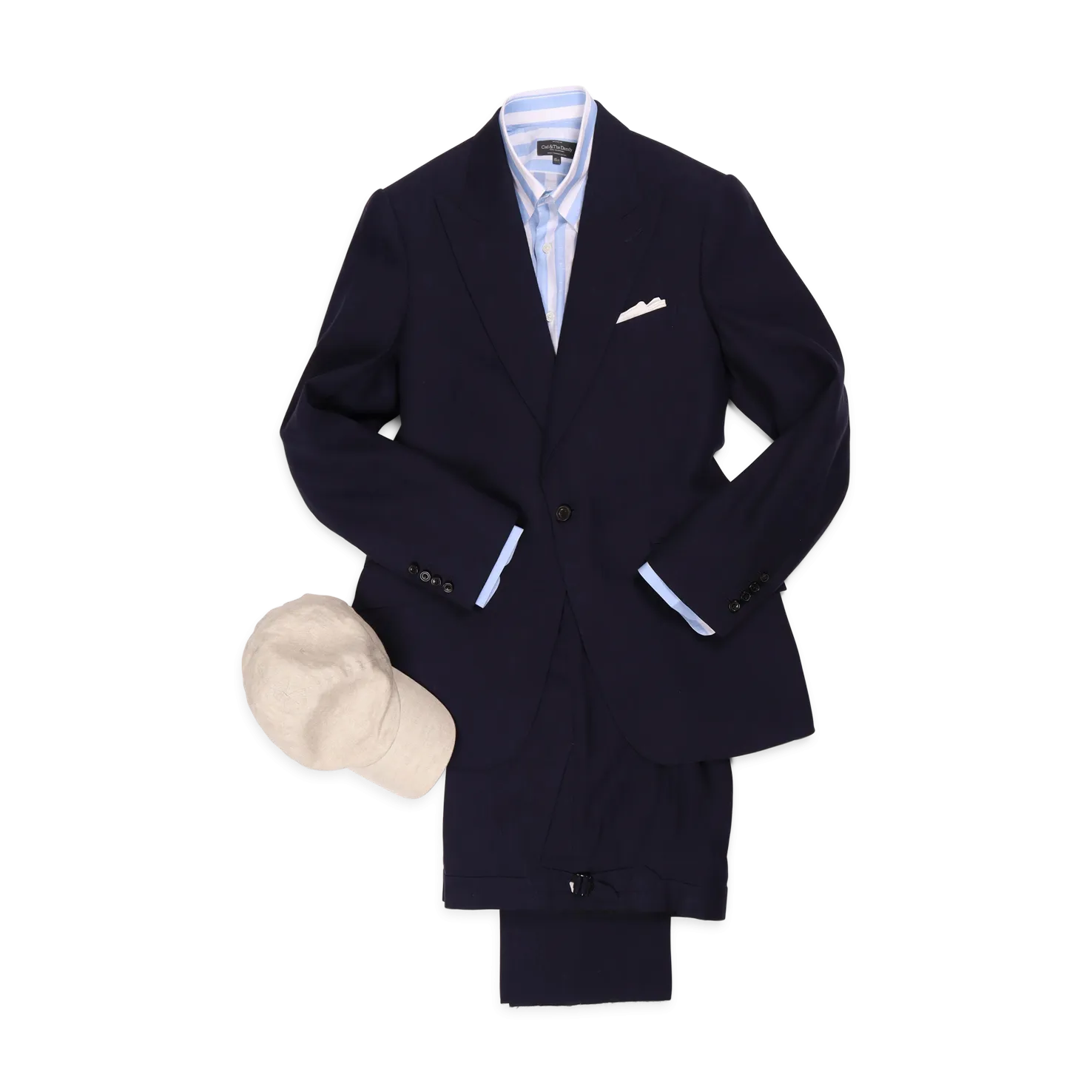 Single Breasted Peak Lapel Suit in Navy Wool, Silk and Linen