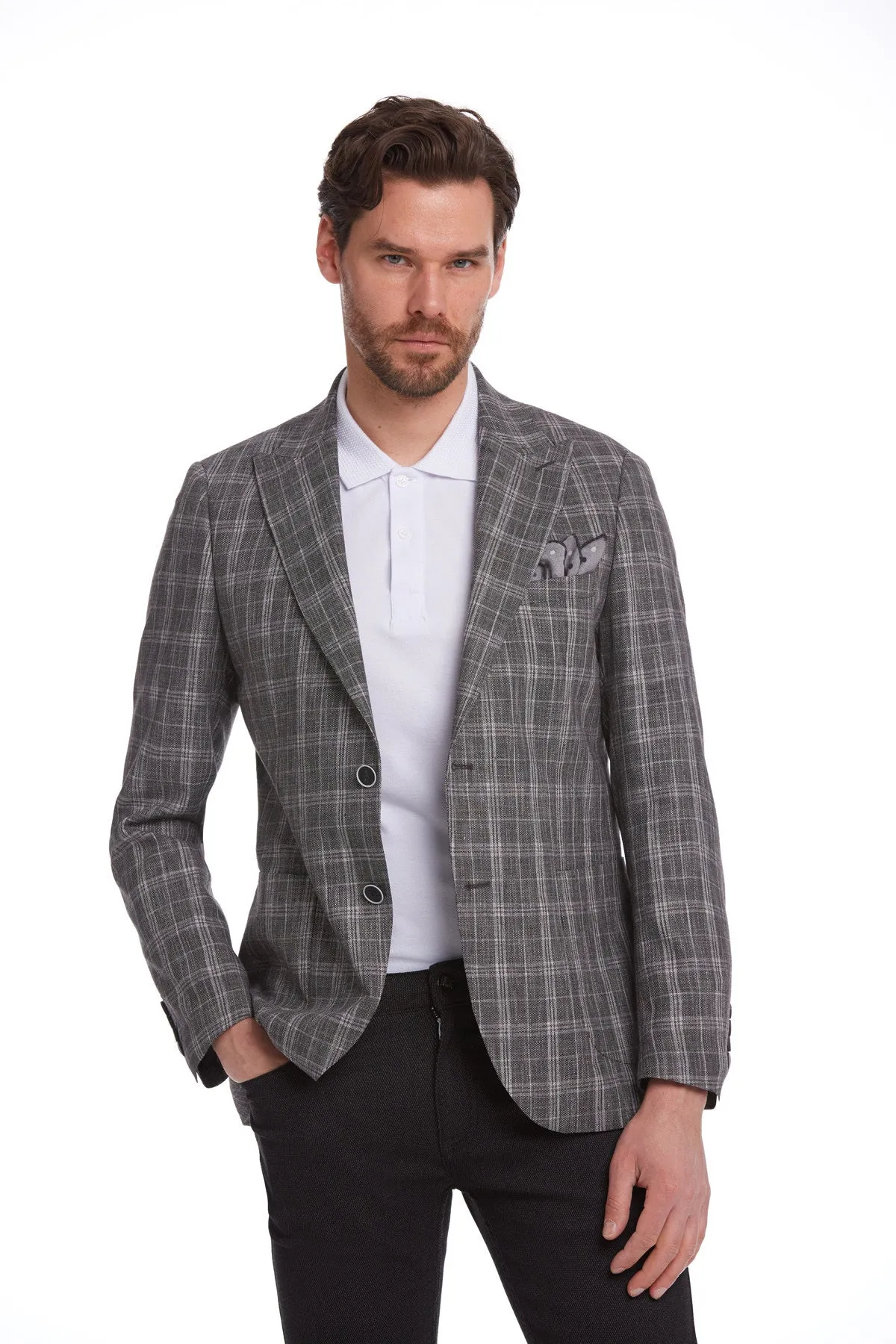 Slim Fit Brown Peak Lapel Plaid Linen Classic Blazer