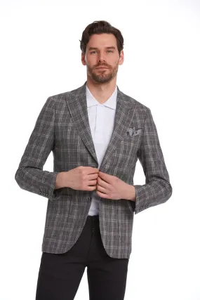 Slim Fit Brown Peak Lapel Plaid Linen Classic Blazer