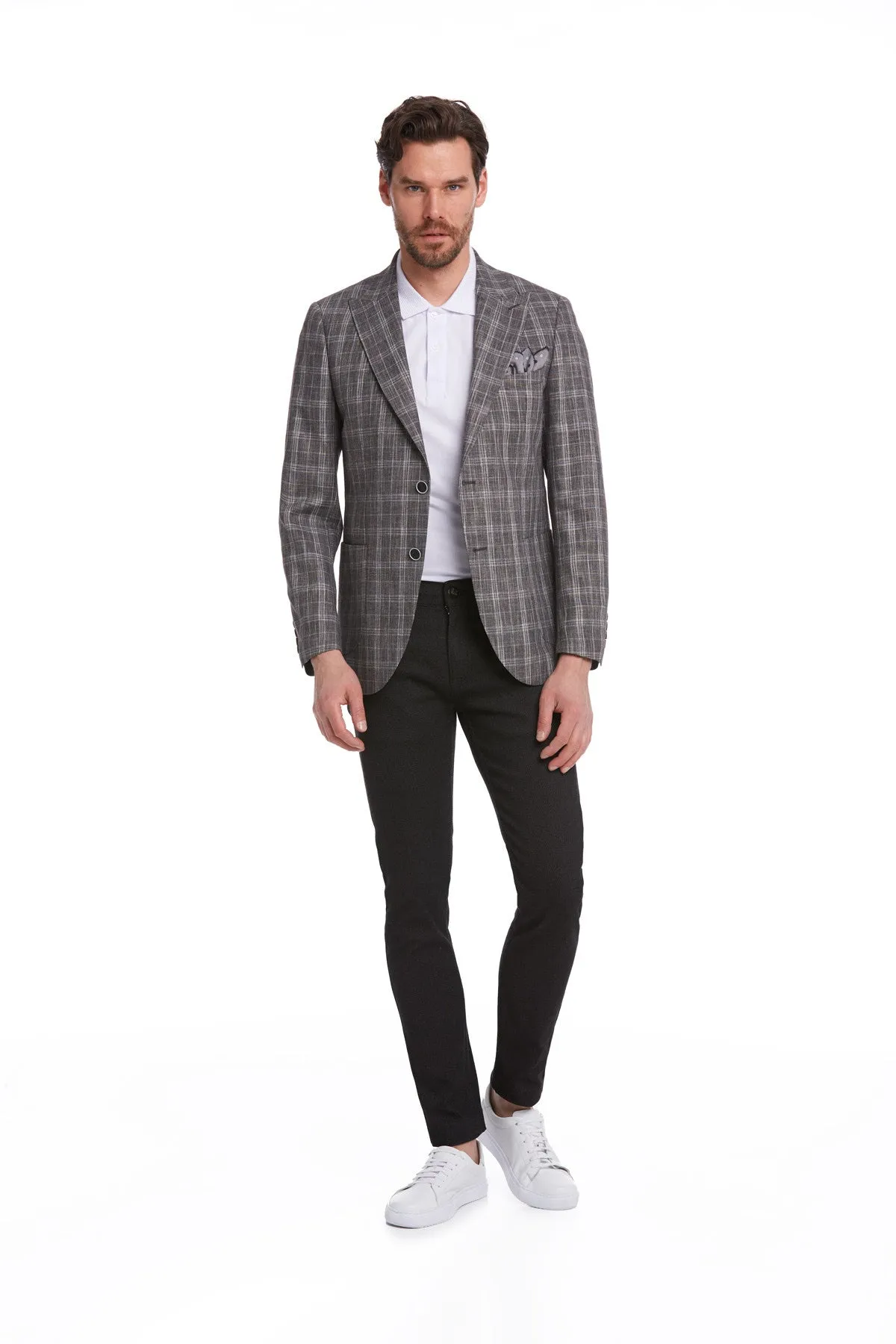 Slim Fit Brown Peak Lapel Plaid Linen Classic Blazer