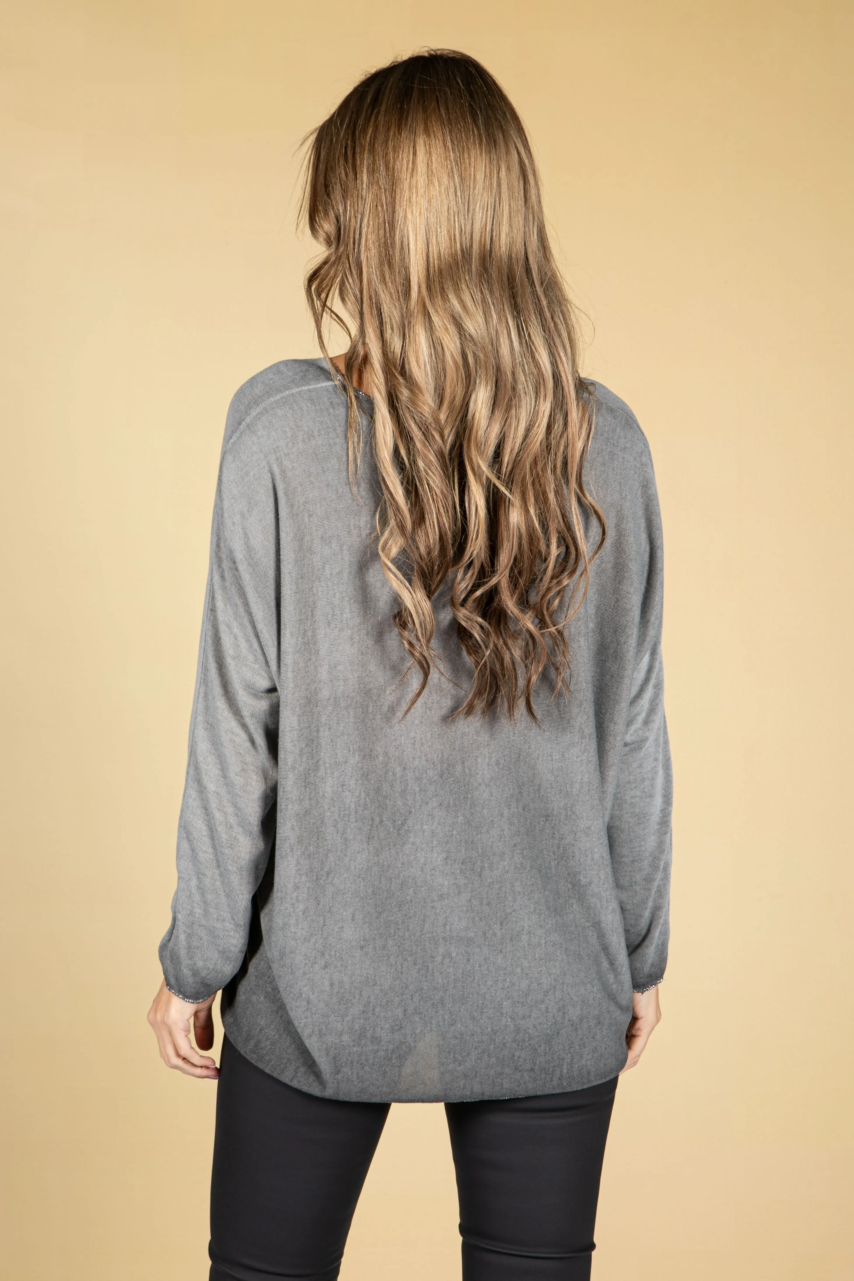 Soft V-Neck Long Sleeve Knit Top in Grey