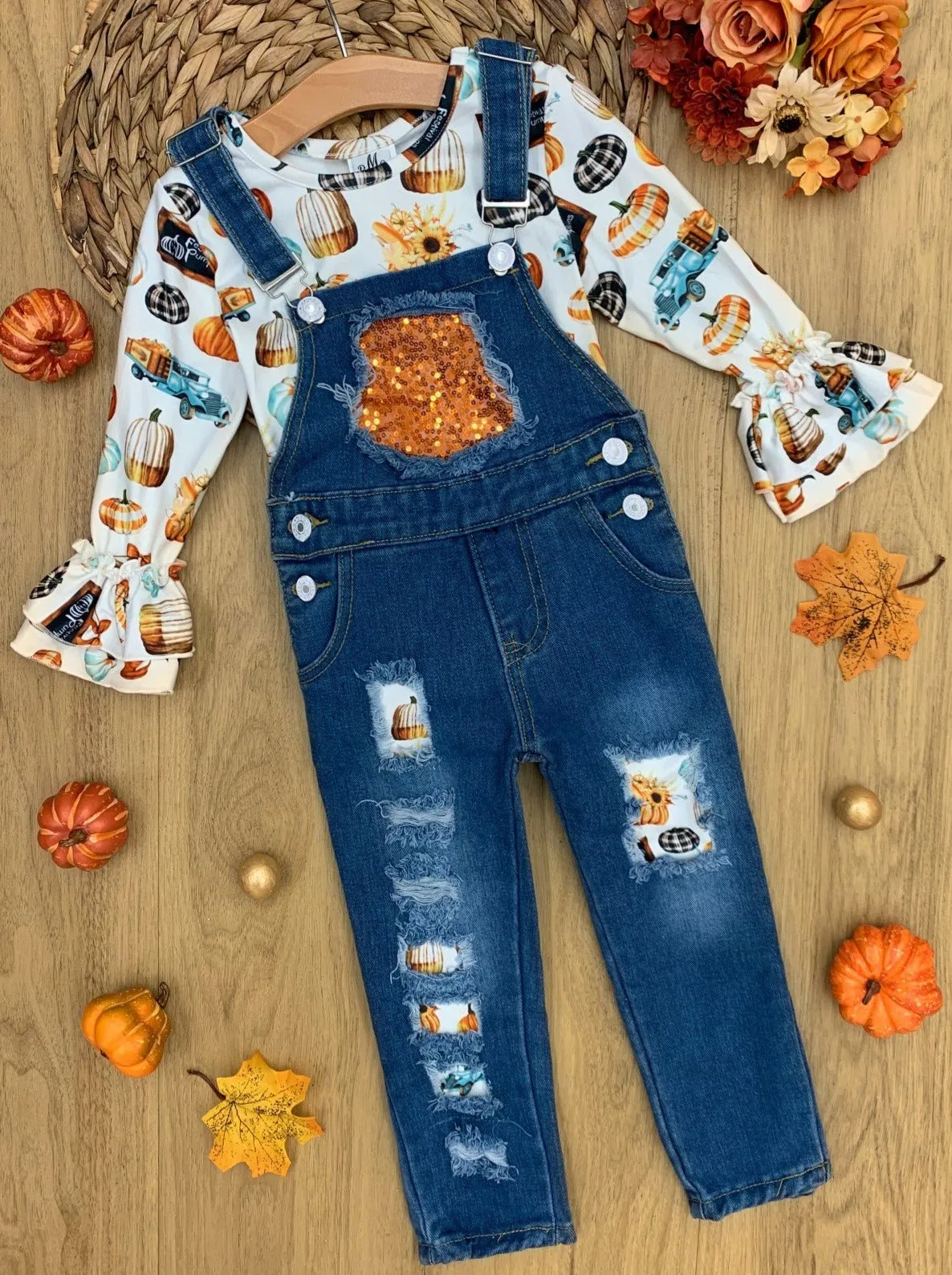 Sweet Pumpkin Sequin Patched Overall Set