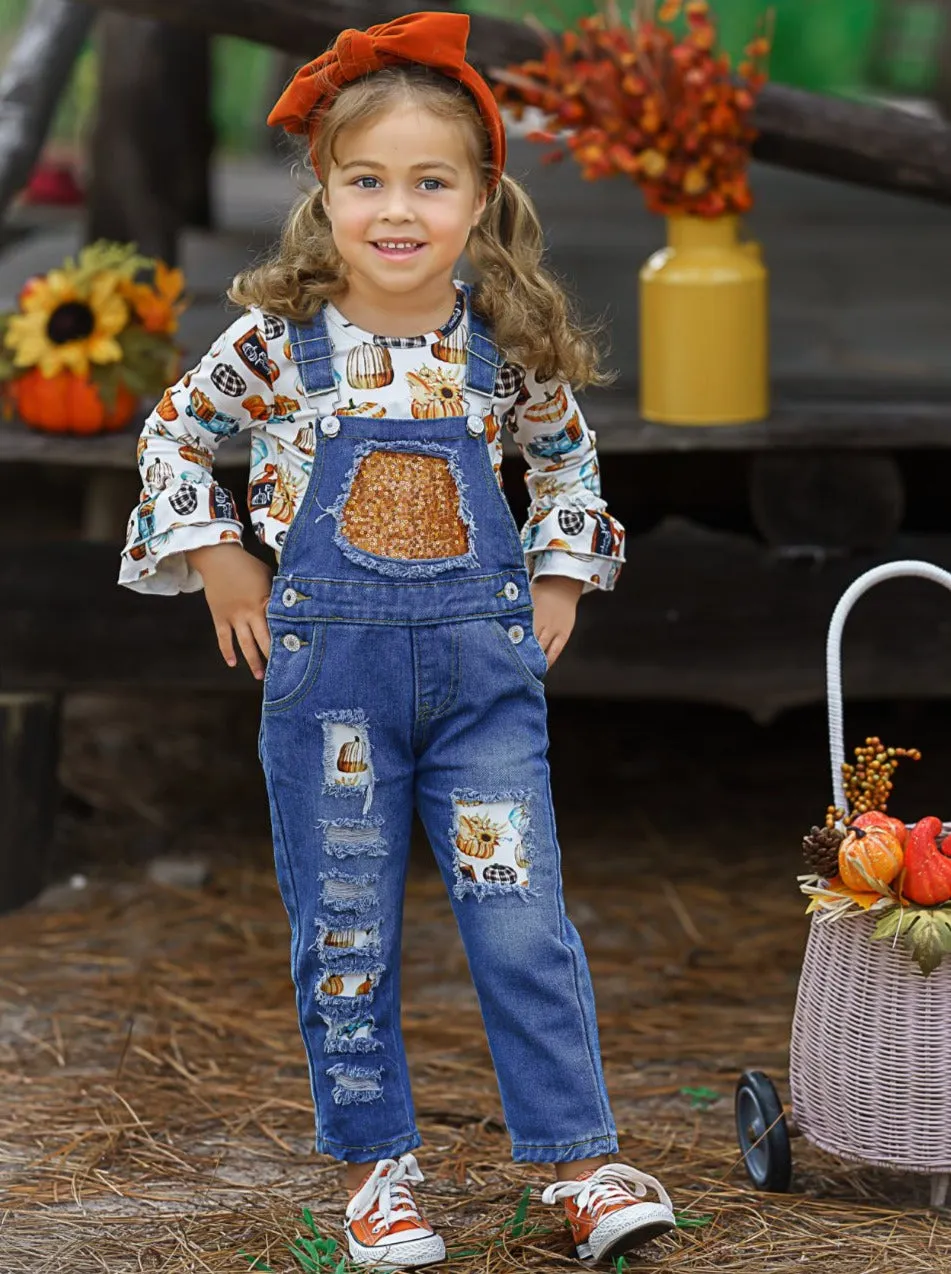 Sweet Pumpkin Sequin Patched Overall Set