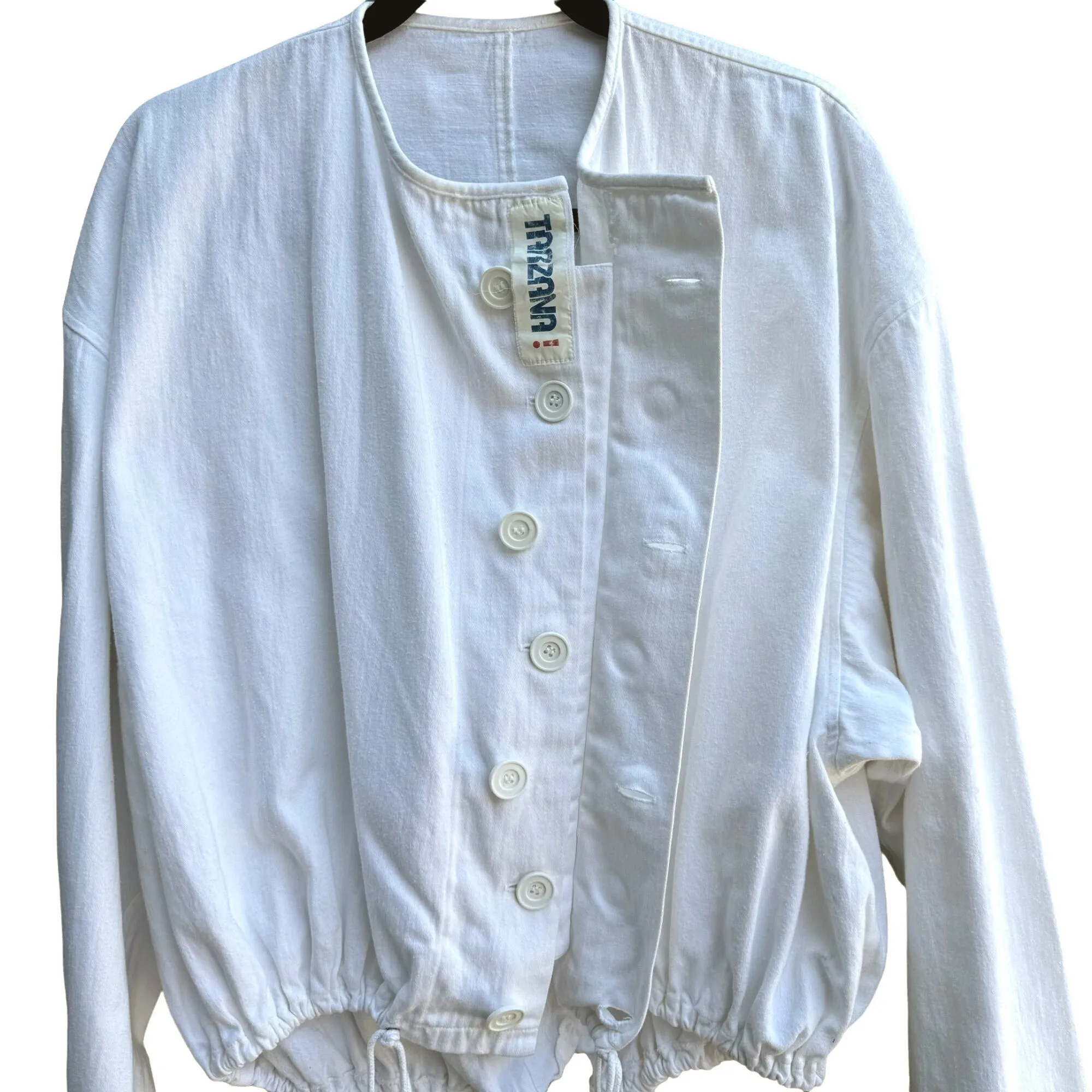 Tarzana Vintage 80s 90s White Button-Up Retro Oversized Drawstring Waist Jacket